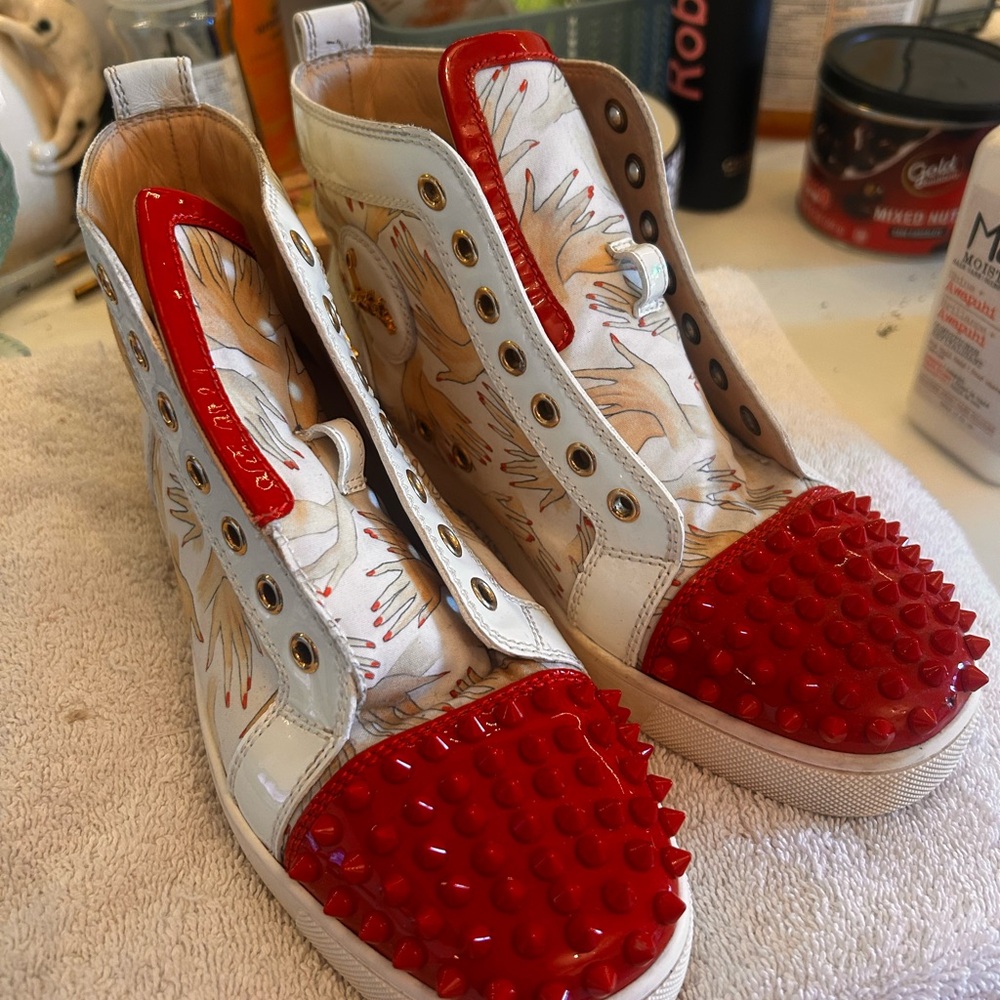 Christian Louboutin Red and White Lace Up Boots with Edgy Studs
